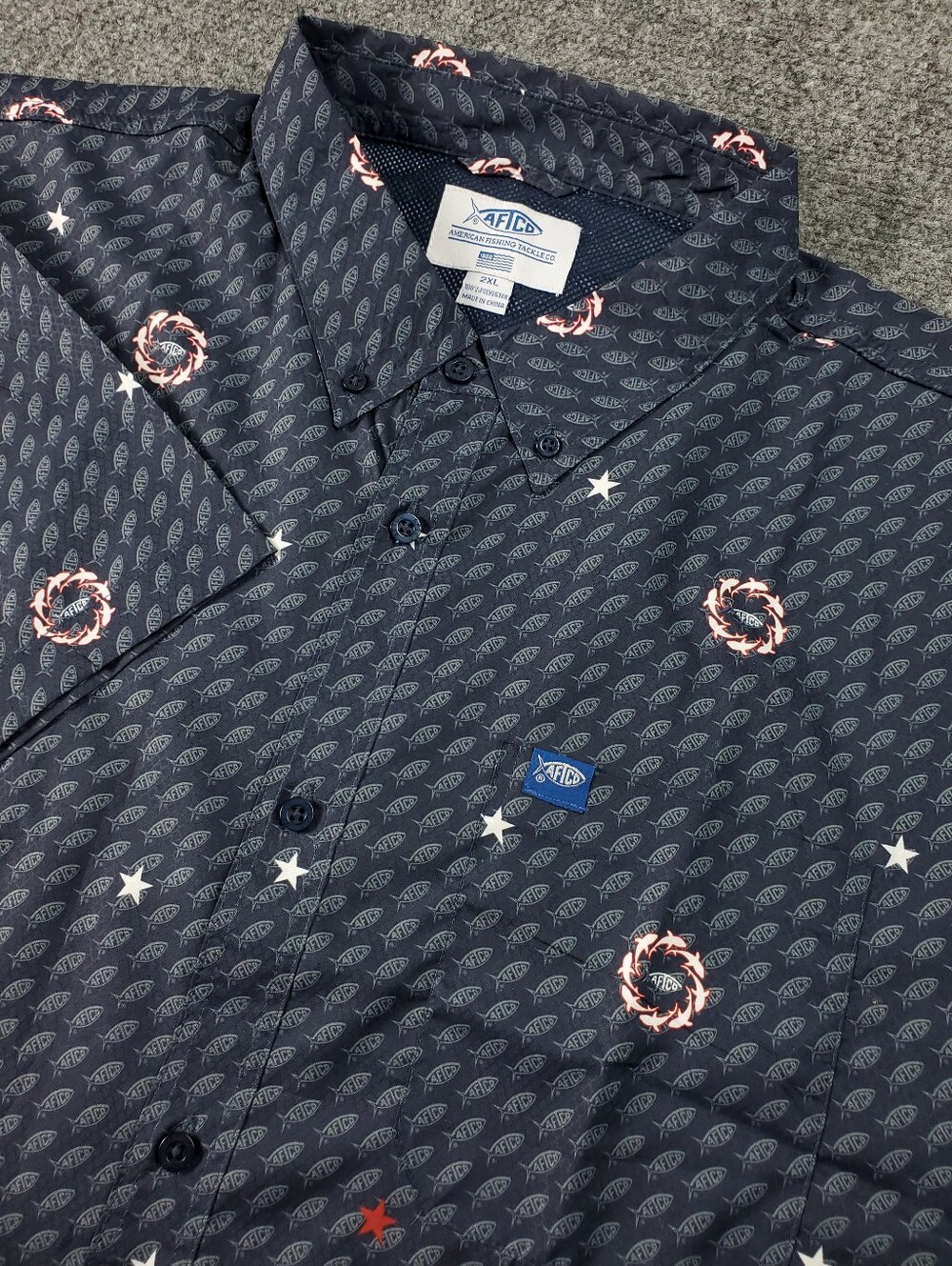 AFTCO Fishing Shirt 2XL Short Sleeve Button Up Vented Performance Logo Print